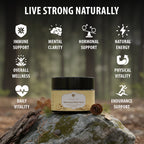 Ayuspirit Himalayan Shilajit Resin benefits infographic live strong naturally with immune support mental clarity hormonal support natural energy overall wellness physical vitality daily vitality and endurance support icons