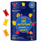 Carbamide Forte Kids Multivitamin Gummies bottle with 13 vitamins, 3 minerals, prebiotic blend, no added sugar, and 90 vegetarian gummies for children's immunity and growth.