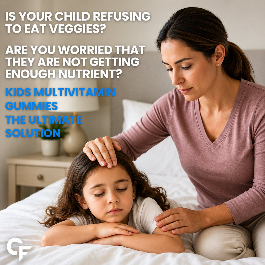 Mother caring for a child with messaging about picky eating and Kids Multivitamin Gummies that help fill nutritional gaps for growing children.