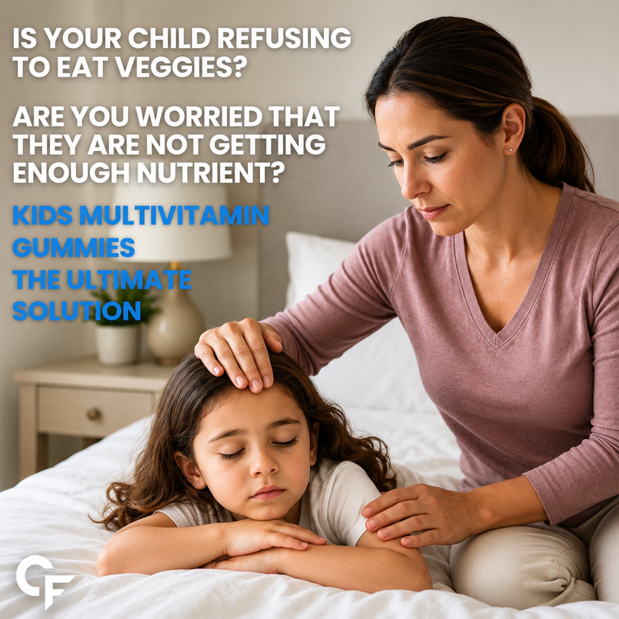 Mother caring for a child with messaging about picky eating and Kids Multivitamin Gummies that help fill nutritional gaps for growing children.