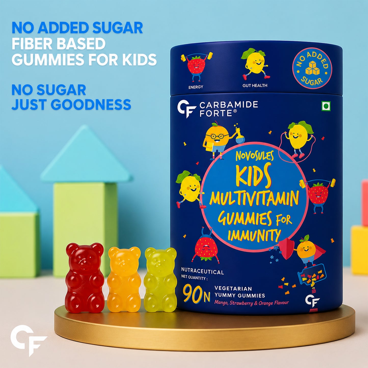 Kids Multivitamin Gummies for Immunity | 13 Vitamins, 3 Minerals, Prebiotic & Botanical Blend | No Added Sugar | Vegetarian | Mango, Strawberry & Orange Flavors | 90 Gummies