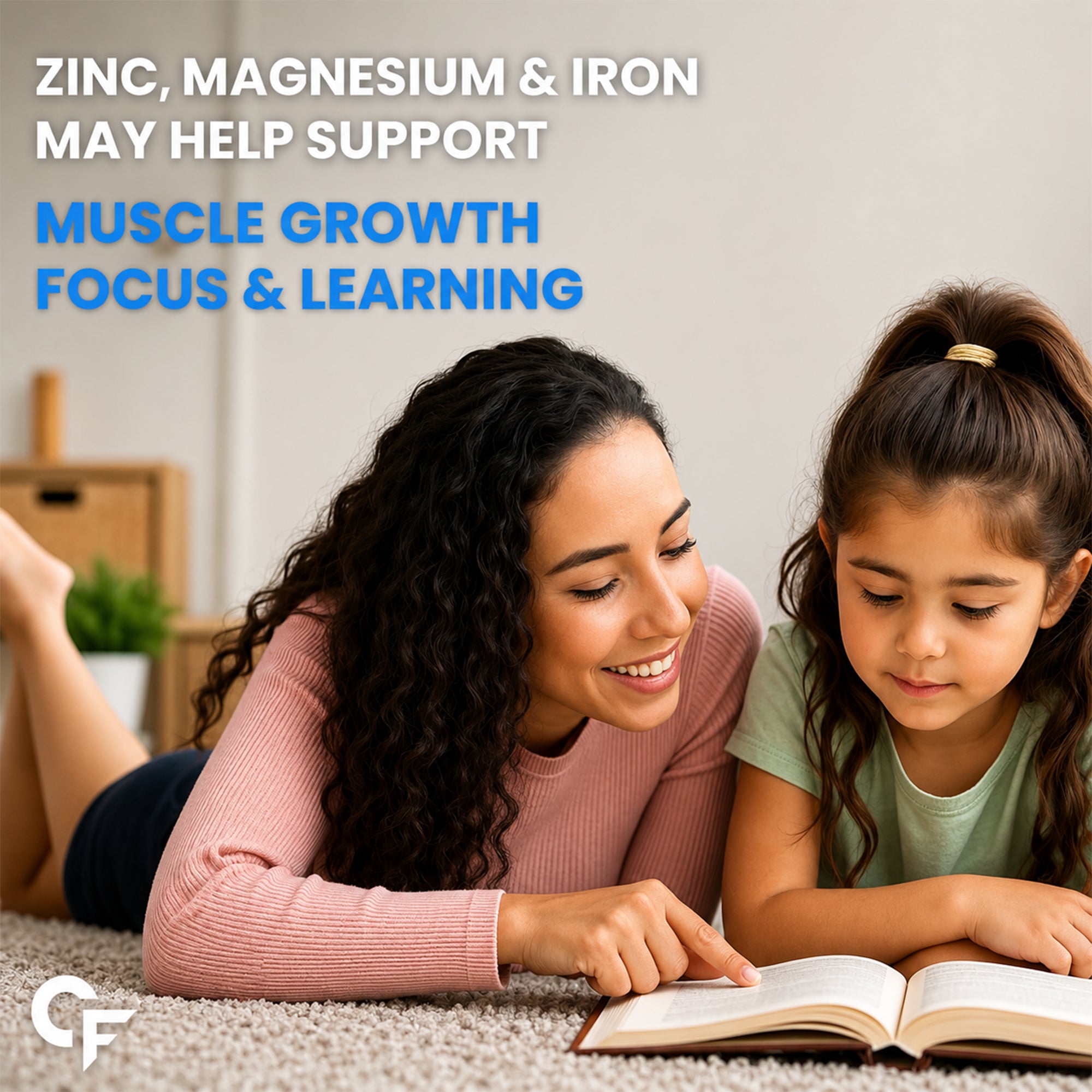 Mother reading with her child highlighting zinc, iron, and magnesium that help support muscle growth, focus, learning, and healthy development.
