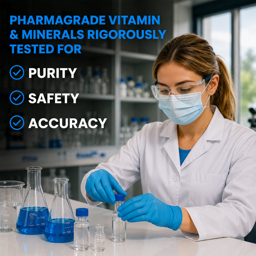 Laboratory scientist testing children's multivitamin gummies for purity, safety, and quality to ensure high manufacturing standards.