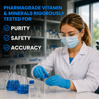 Laboratory scientist testing children's multivitamin gummies for purity, safety, and quality to ensure high manufacturing standards.