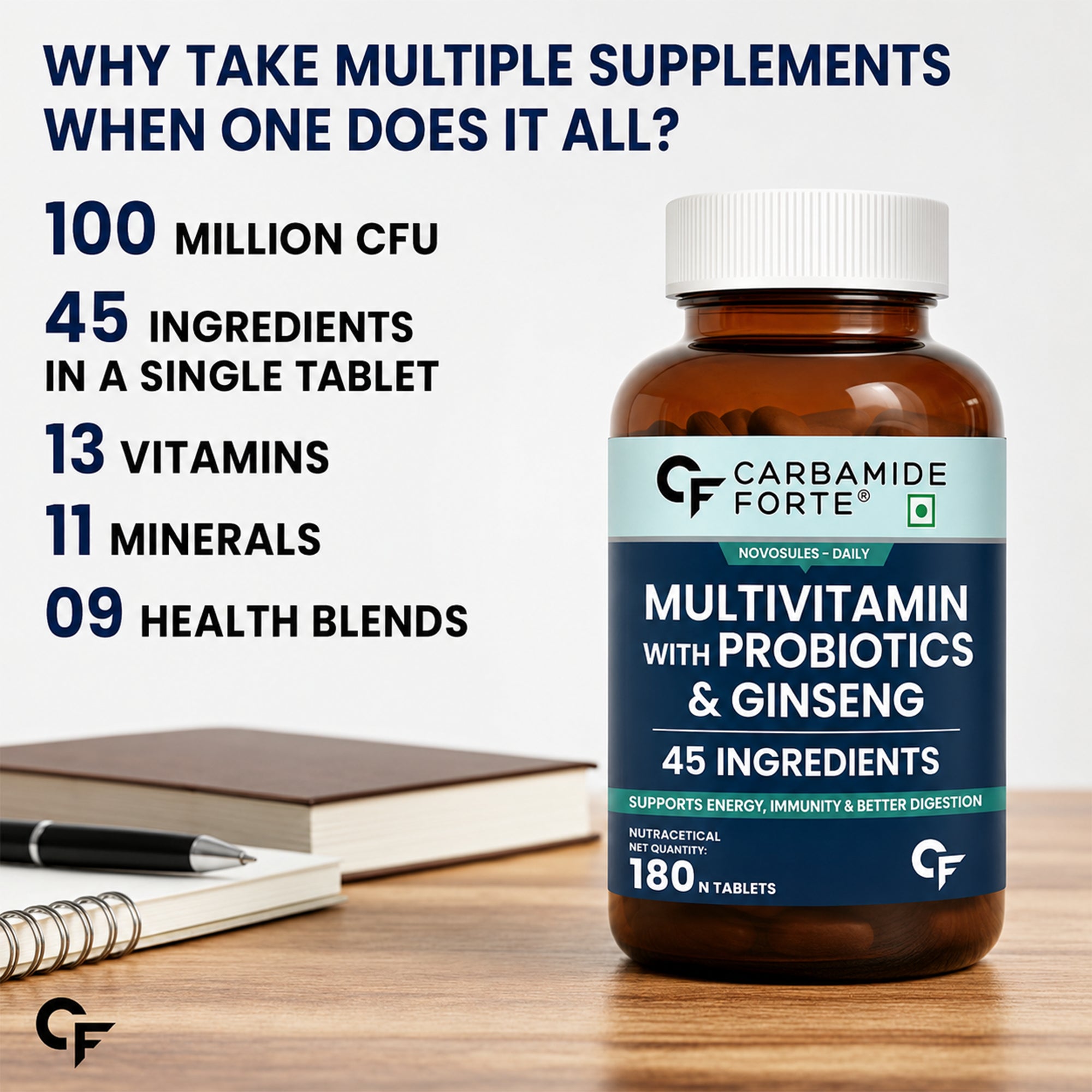 Men's Multivitamin Tablets with 45 Nutrients, 9 Functional Blends, Probiotics & Korean Ginseng | Daily Vitamins & Minerals for Energy, Immunity, Brain & Bone Support | 180 Tablets