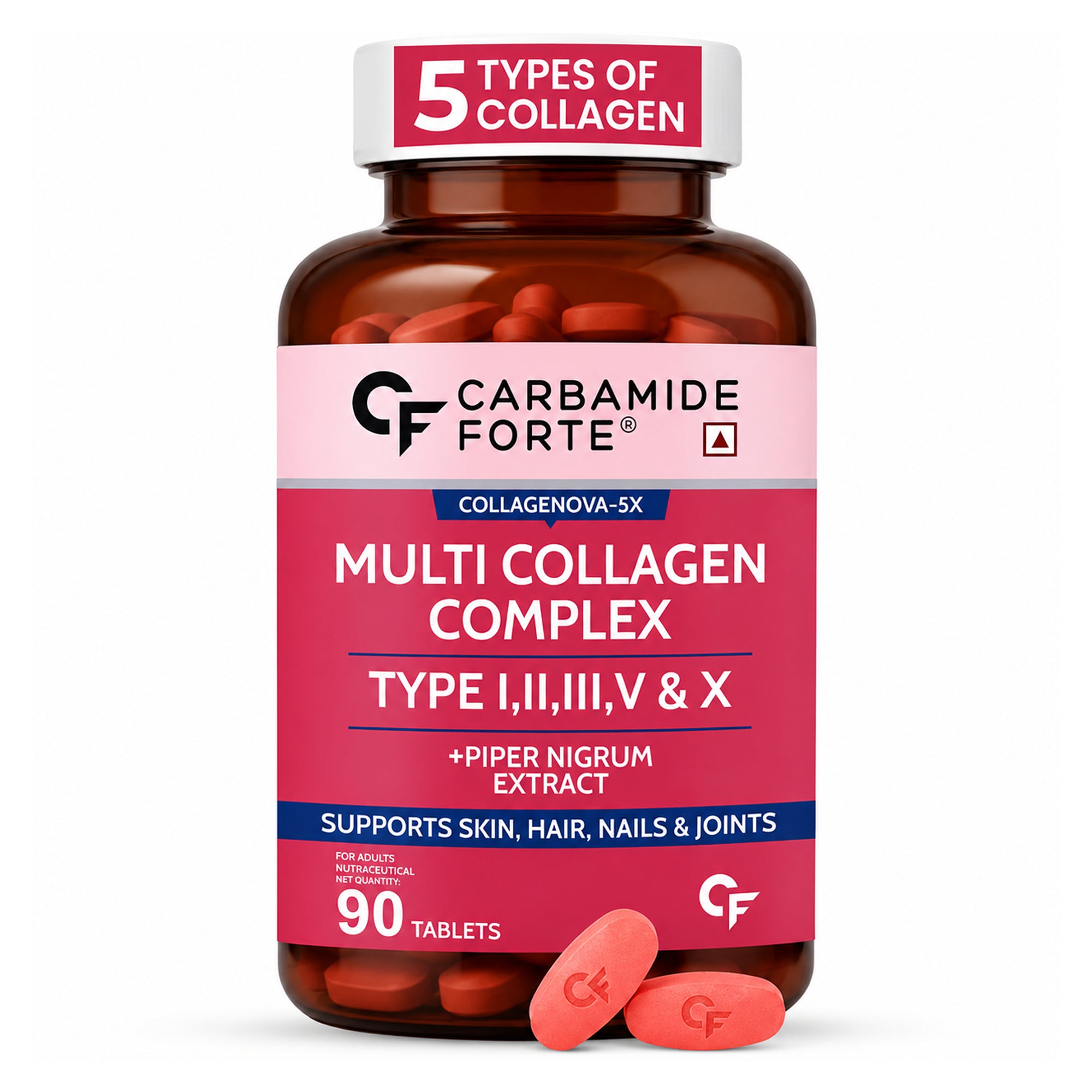 Hydrolyzed Multi Collagen Complex 1800mg Tablets – 5 Types Collagen (I, II, III, V & X) with Piper Nigrum Extract | Skin, Hair, Nails & Joint Support | 90 Tablets