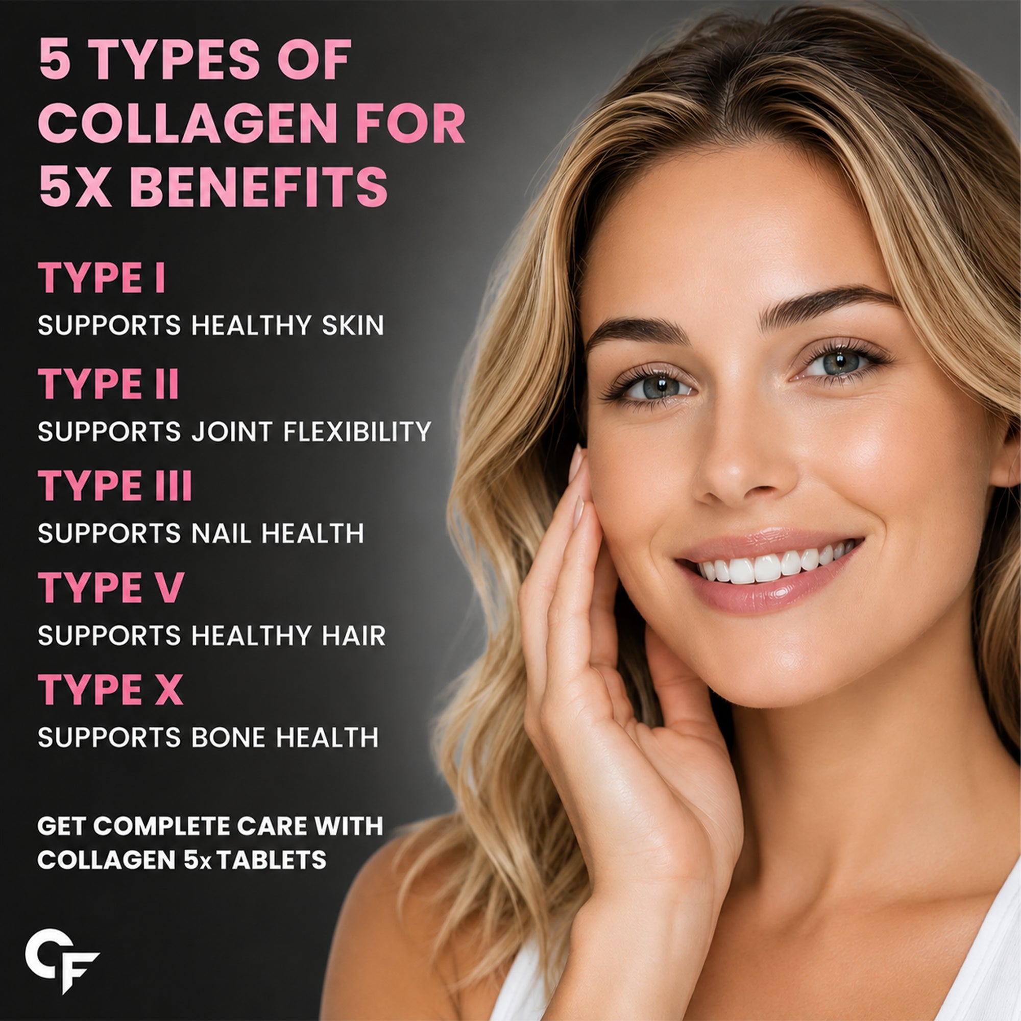 Hydrolyzed Multi Collagen Complex 1800mg Tablets – 5 Types Collagen (I, II, III, V & X) with Piper Nigrum Extract | Skin, Hair, Nails & Joint Support | 90 Tablets