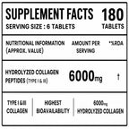 Hydrolyzed Collagen Peptides 6000mg Tablets | Type I & III Collagen for Skin, Hair, Nails & Joint Support | High Bioavailability | 180 Tablets for Men & Women