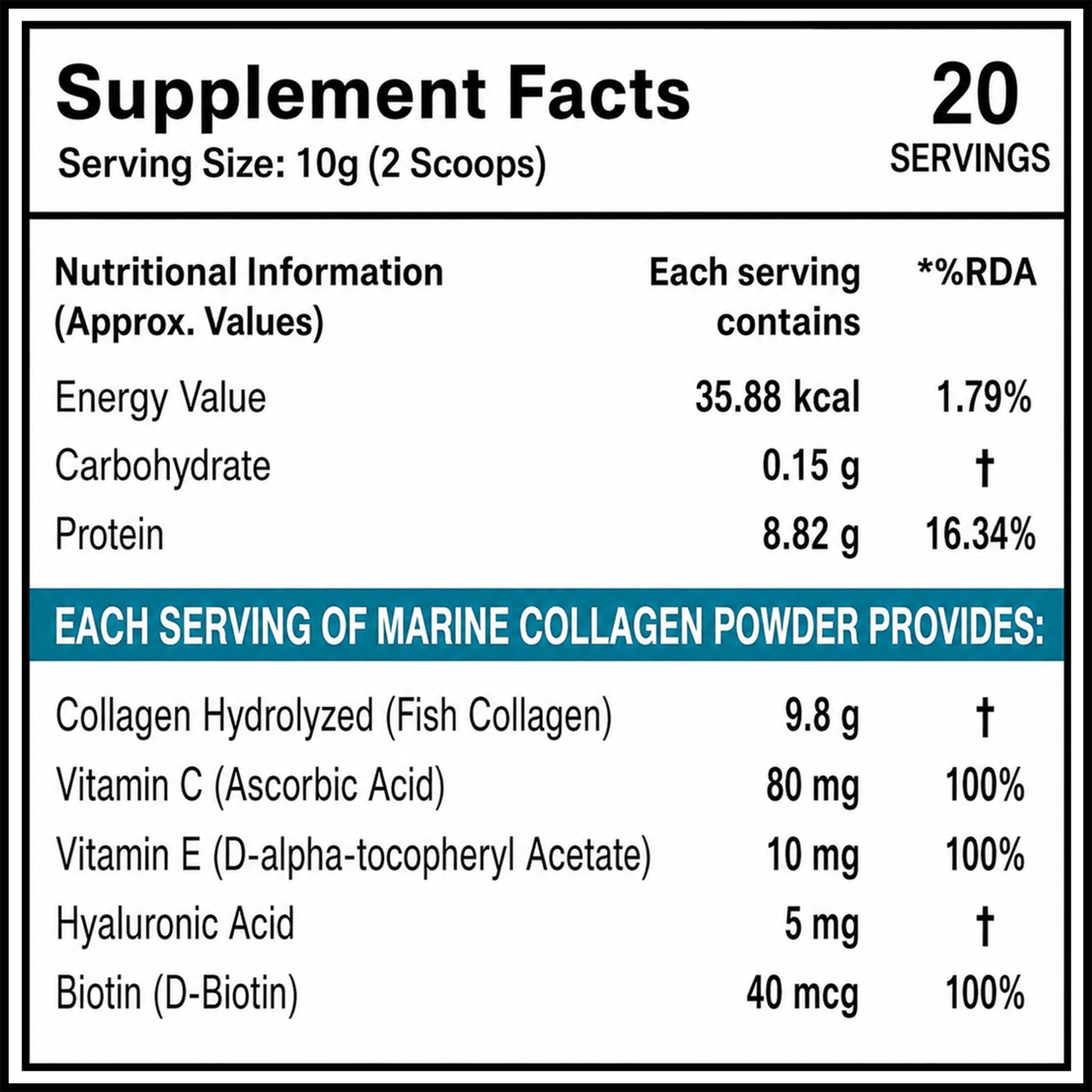 Marine Collagen Peptides Powder 200g | Type I & III Fish Collagen with Hyaluronic Acid, Biotin, Vitamin C & E | Citrus Burst Orange | 20 Servings