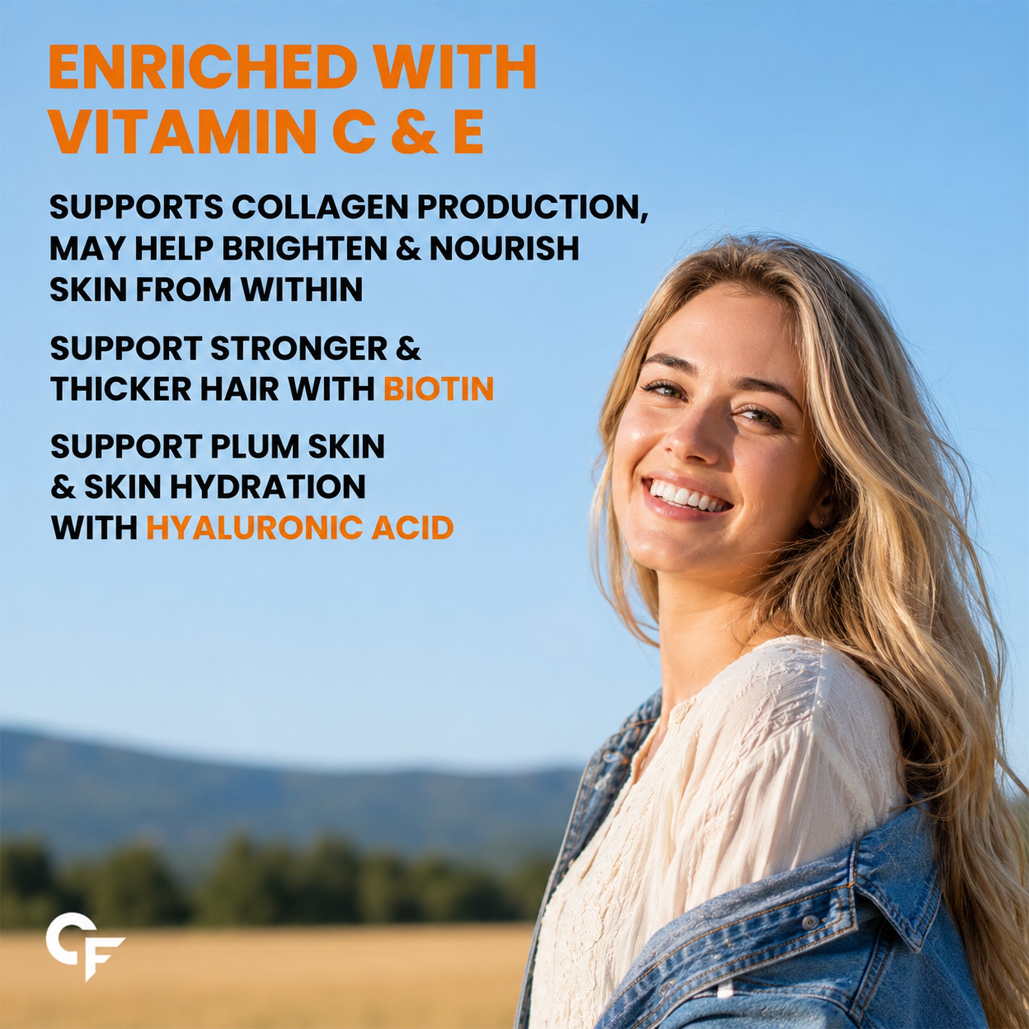 Marine Collagen Peptides Powder 200g | Type I & III Fish Collagen with Hyaluronic Acid, Biotin, Vitamin C & E | Citrus Burst Orange | 20 Servings