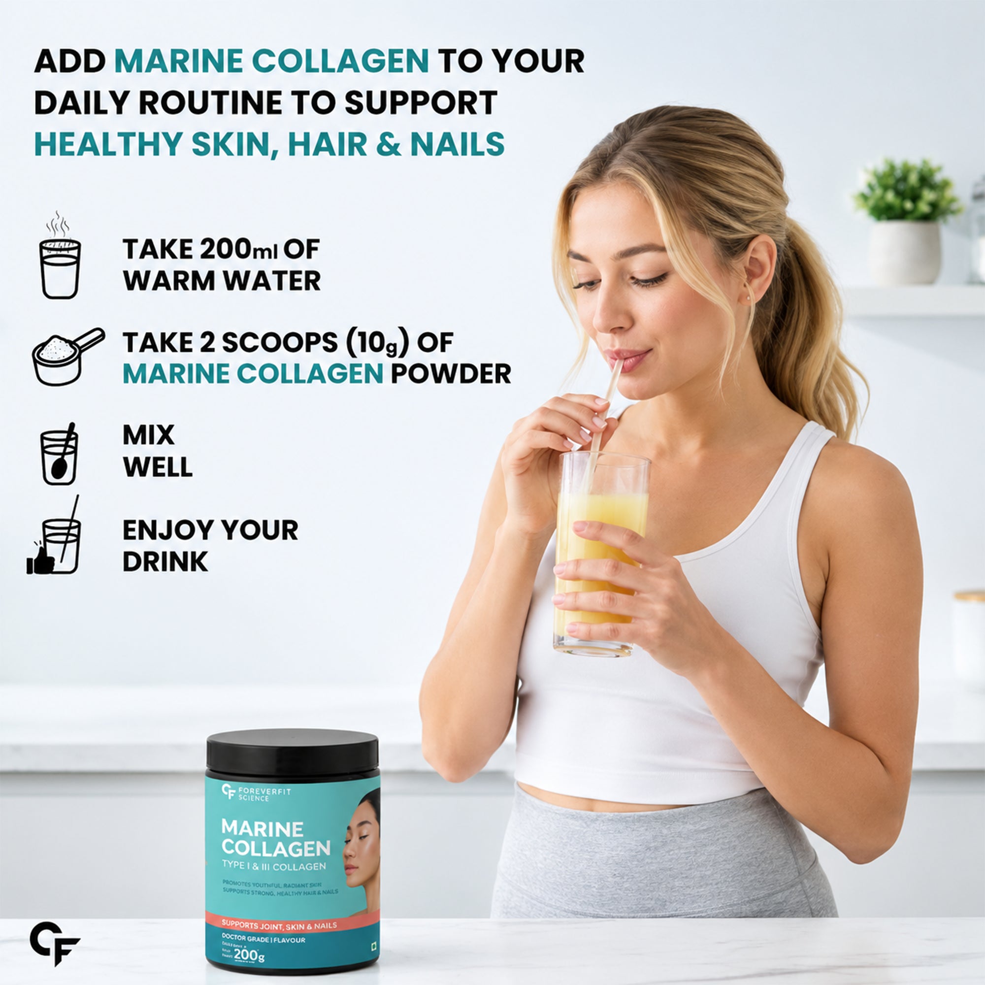 Marine Collagen Peptides Powder 200g | Type I & III Fish Collagen with Hyaluronic Acid, Biotin, Vitamin C & E | Citrus Burst Orange | 20 Servings