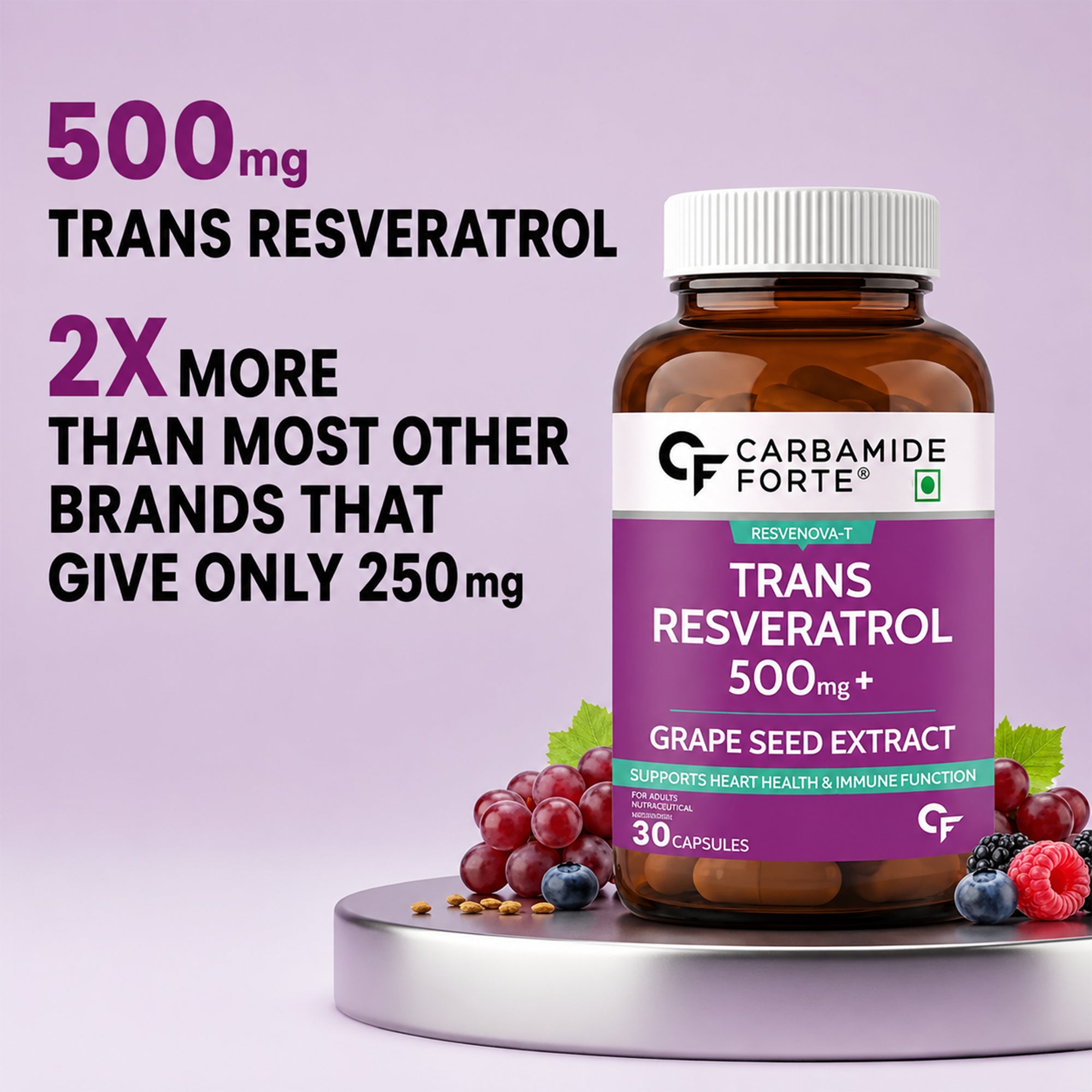 Trans Resveratrol 500mg with Grape Seed Extract 100mg | High Potency Antioxidant Supplement for Heart Health, Healthy Ageing & Immune Support | 30 Capsules