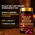 Shilajit Gold Women Capsules 60 Veg Capsules | 250mg Himalayan Shilajit with Ashwagandha, Triphala, Gokshura, Aloe Vera & Saffron | Ayurvedic Herbal Supplement for Women's Daily Wellness