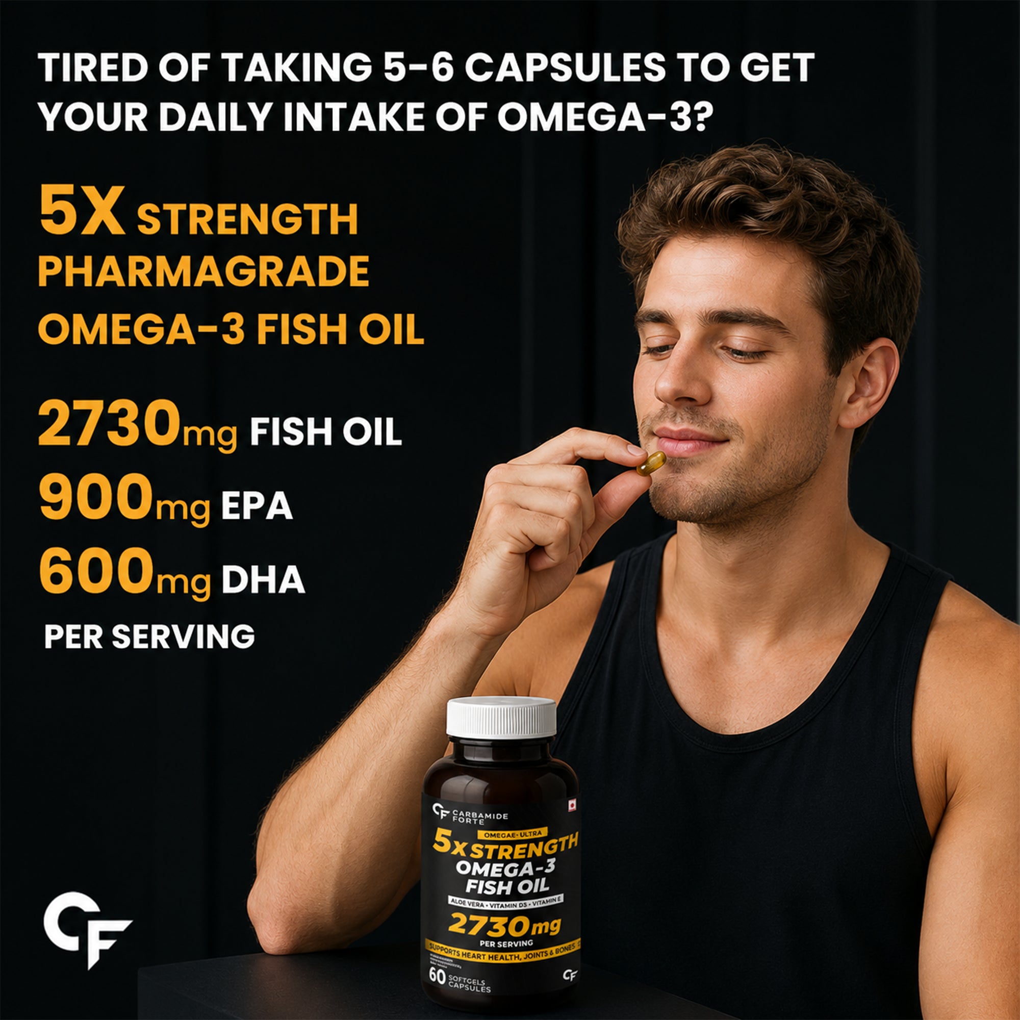 Omega 3 Fish Oil 2730mg with 1590mg Omega-3, 900mg EPA & 600mg DHA | Vitamins D3, A & E | Heart, Brain, Joint & Eye Support | Molecularly Distilled | Lemon Flavour | 60 Softgels