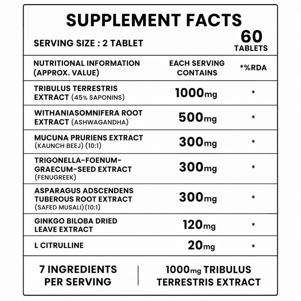 Testosterone Booster for Men with Tribulus Terrestris 1000mg & Ashwagandha | Energy, Stamina & Strength Support | Herbal Men's Performance Supplement | 60 Tablets