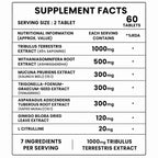 Testosterone Booster for Men with Tribulus Terrestris 1000mg & Ashwagandha | Energy, Stamina & Strength Support | Herbal Men's Performance Supplement | 60 Tablets