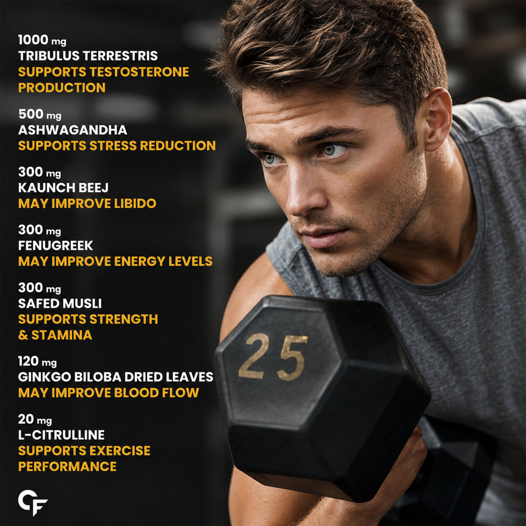 Testosterone Booster for Men with Tribulus Terrestris 1000mg & Ashwagandha | Energy, Stamina & Strength Support | Herbal Men's Performance Supplement | 60 Tablets