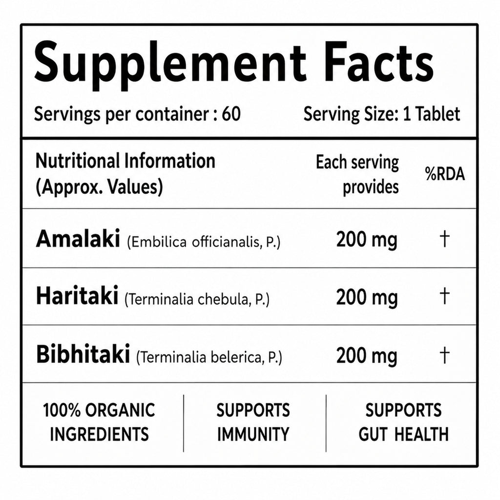 Organic Triphala Tablets 600mg - Certified Organic Ayurvedic Digestive & Gut Health Supplement with Amalaki, Haritaki & Bibhitaki | Supports Weight Management & Immunity | 60 Tablets