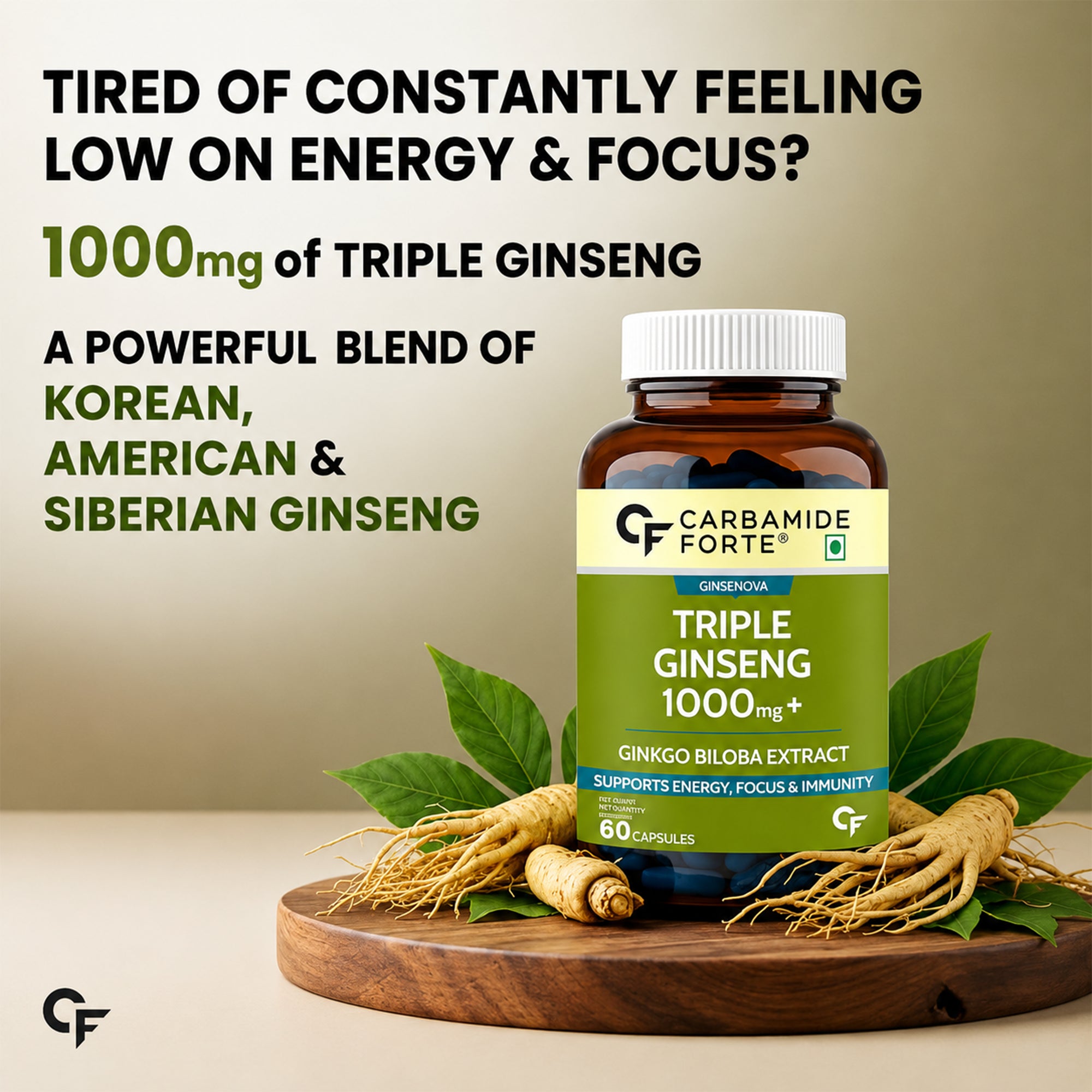 Triple Ginseng 1000mg with Ginkgo Biloba 120mg | Panax, American & Siberian Ginseng | Energy, Focus & Stamina Support | 60 Tablets