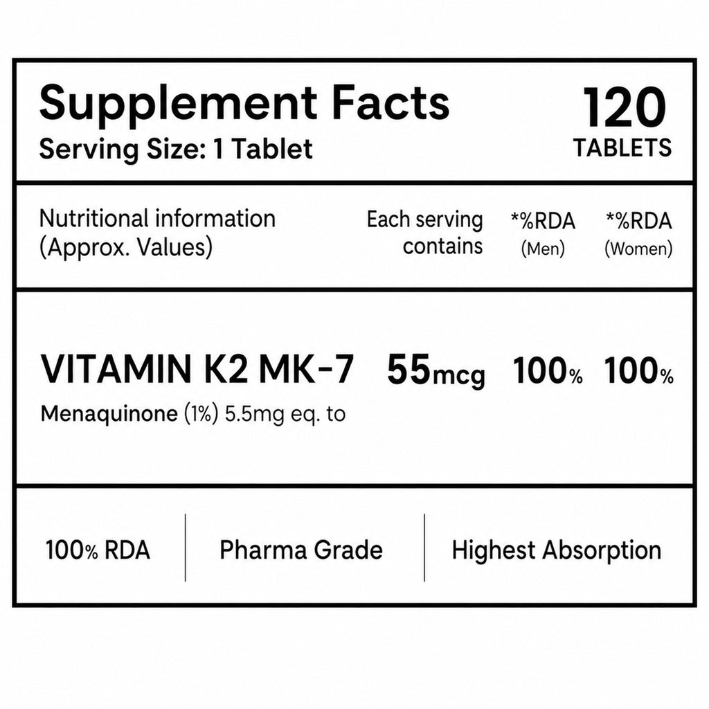 Vitamin K2 MK-7 55mcg Tablets | Nova-K2 MK7 | 120 Tablets | 100% RDA | High Absorption | Bone & Heart Health Support Supplement