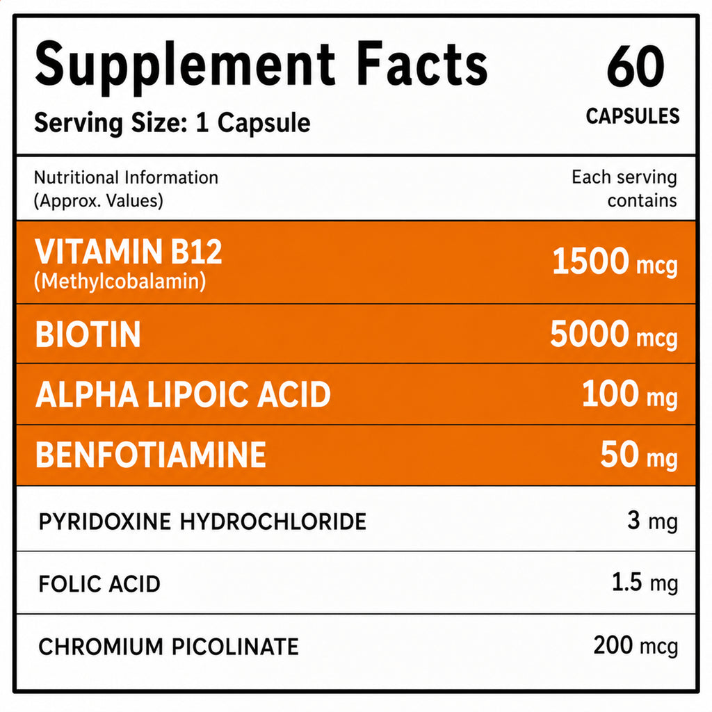 Vitamin B12 1500mcg & Biotin 5000mcg Capsules with Alpha Lipoic Acid, Benfotiamine, Chromium Picolinate, Folic Acid & Vitamin B6 | Methylcobalamin B12 Supplement | 60 Capsules