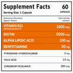 Vitamin B12 1500mcg & Biotin 5000mcg Capsules with Alpha Lipoic Acid, Benfotiamine, Chromium Picolinate, Folic Acid & Vitamin B6 | Methylcobalamin B12 Supplement | 60 Capsules