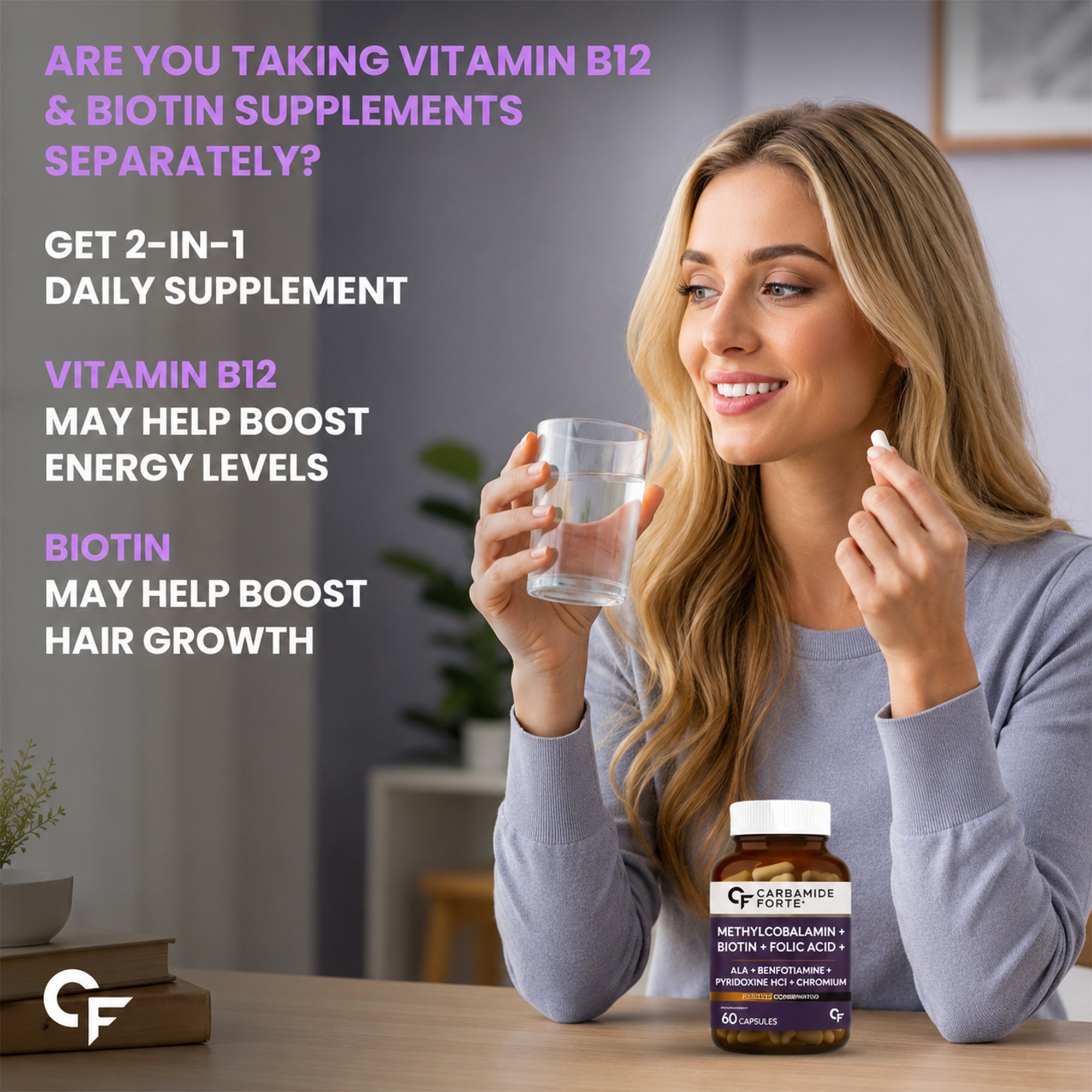 Vitamin B12 1500mcg & Biotin 5000mcg Capsules with Alpha Lipoic Acid, Benfotiamine, Chromium Picolinate, Folic Acid & Vitamin B6 | Methylcobalamin B12 Supplement | 60 Capsules
