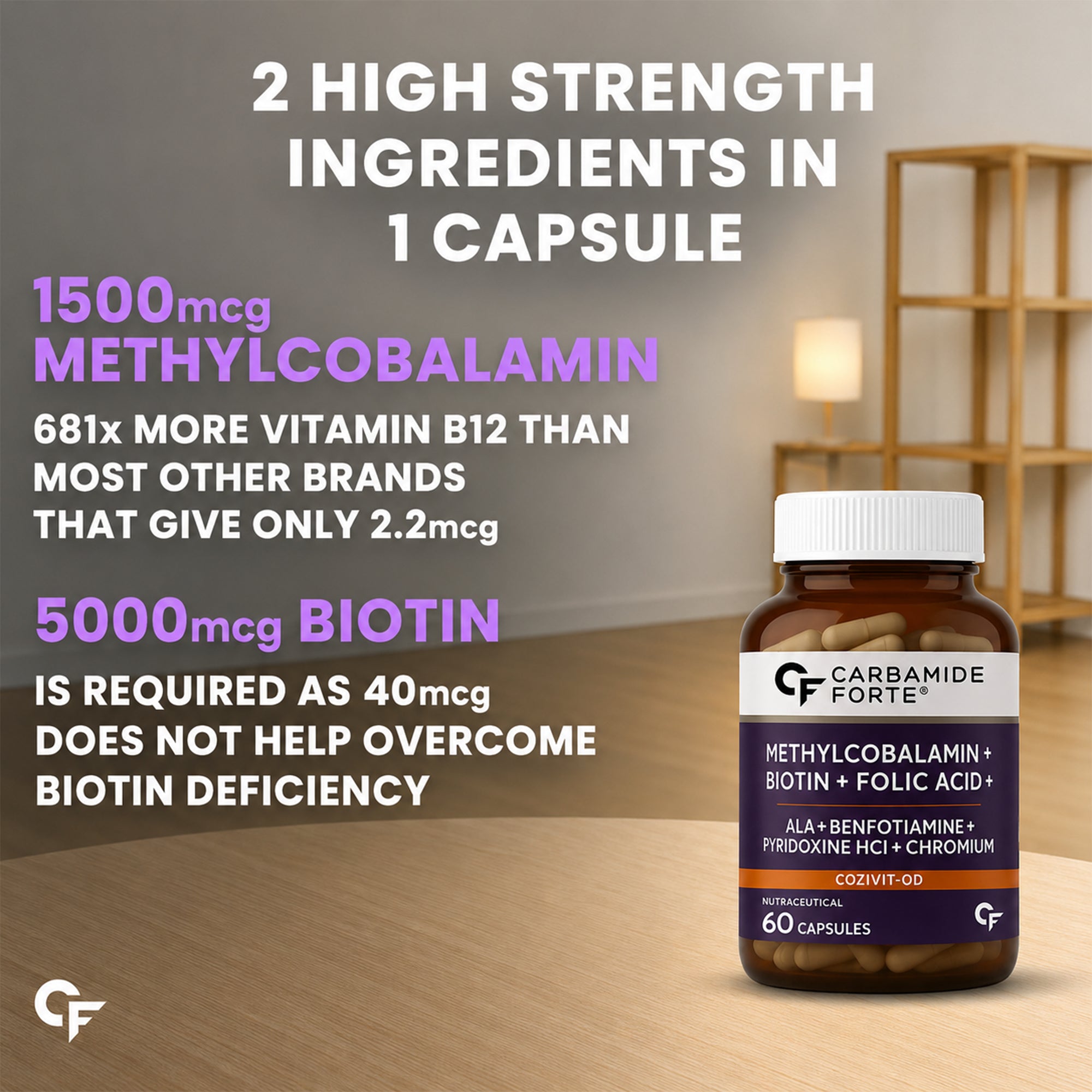 Vitamin B12 1500mcg & Biotin 5000mcg Capsules with Alpha Lipoic Acid, Benfotiamine, Chromium Picolinate, Folic Acid & Vitamin B6 | Methylcobalamin B12 Supplement | 60 Capsules