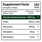 Certified Organic Spirulina Tablets 2000mg | 180 Tablets | Plant Protein, Phycocyanin, Chlorophyll & Beta Carotene | Energy, Immunity & Detox Support | Vegetarian Supplement