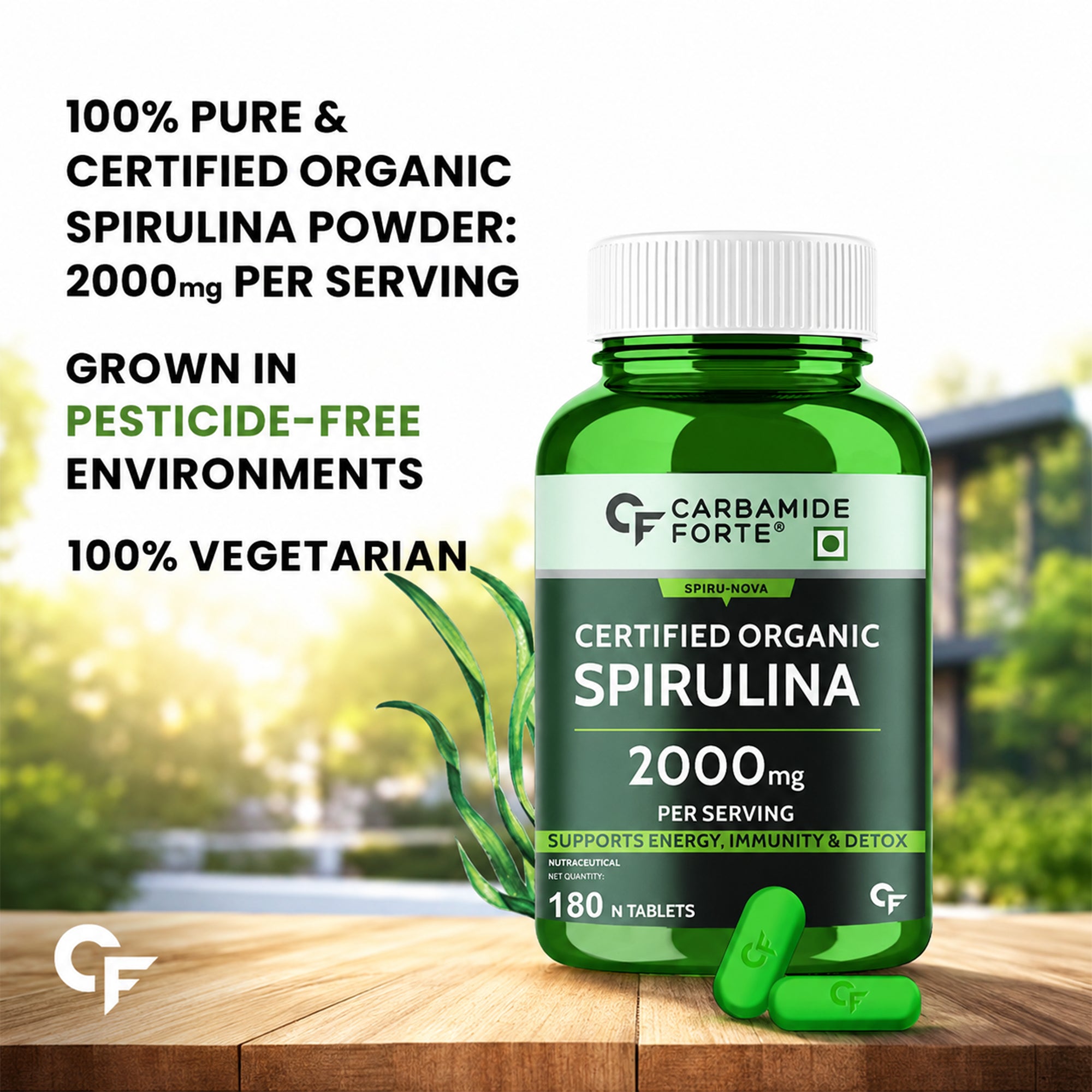 Certified Organic Spirulina Tablets 2000mg | 180 Tablets | Plant Protein, Phycocyanin, Chlorophyll & Beta Carotene | Energy, Immunity & Detox Support | Vegetarian Supplement