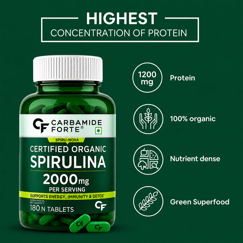 Certified Organic Spirulina Tablets 2000mg | 180 Tablets | Plant Protein, Phycocyanin, Chlorophyll & Beta Carotene | Energy, Immunity & Detox Support | Vegetarian Supplement