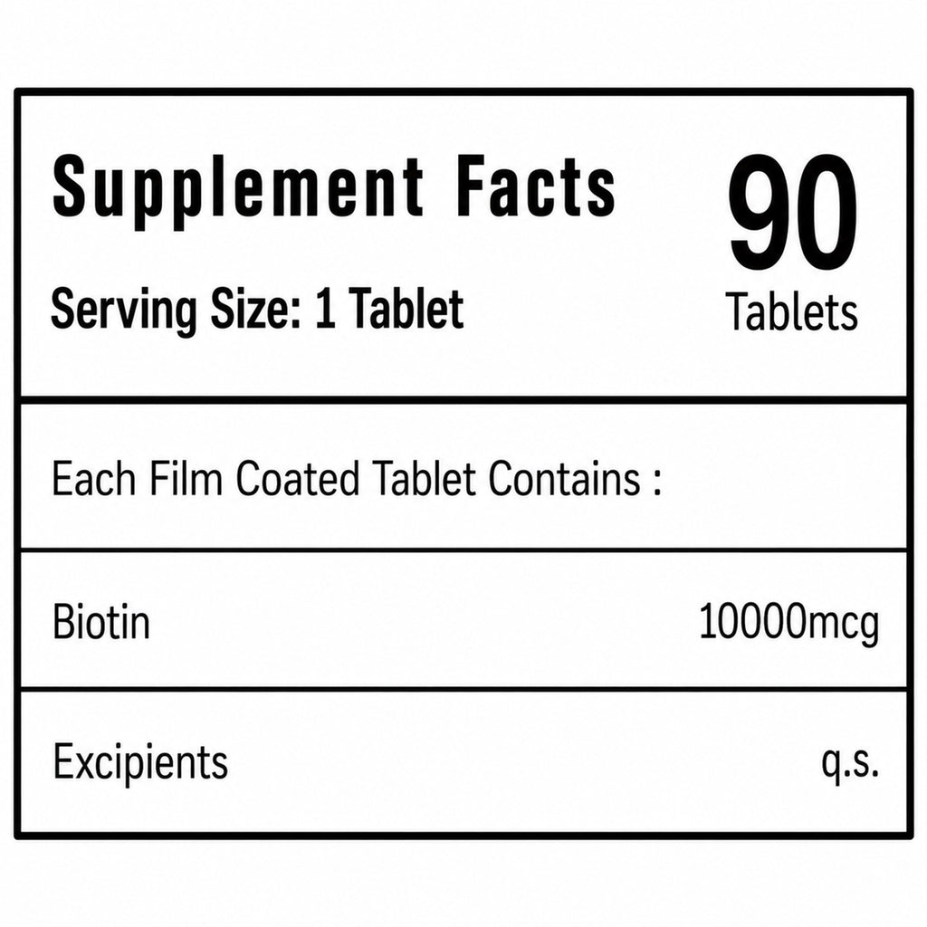 Biotin 10,000 mcg Tablets | High Potency Vitamin B7 Supplement | 90 Tablets | Film-Coated | Daily Hair, Skin & Nail Support