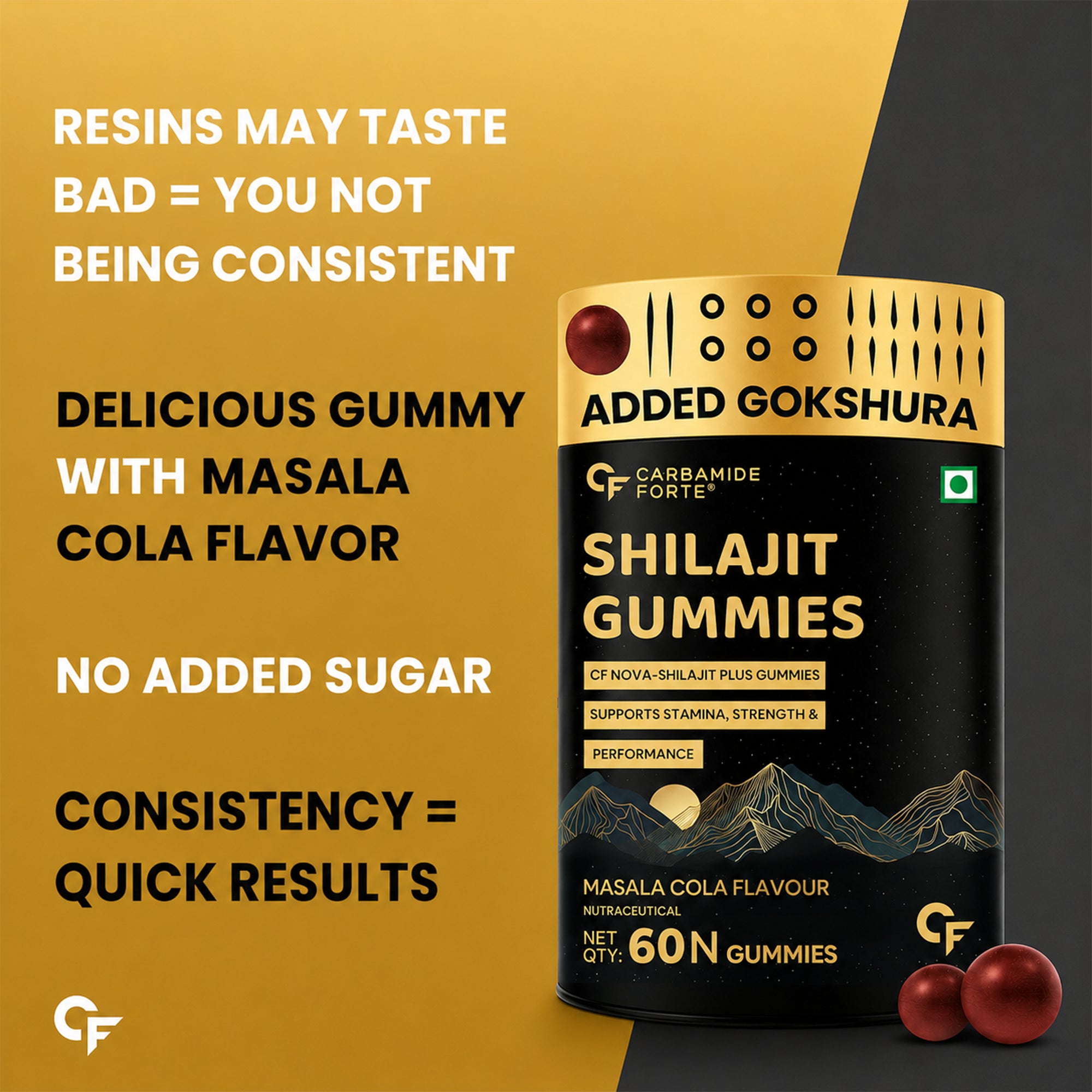 Shilajit Gummies for Men & Women | 150mg Shilajit Extract with Black Musli, Gokshura, Ginger & Saffron | Herbal Wellness Gummies | Masala Cola Flavour | 60 Gummies