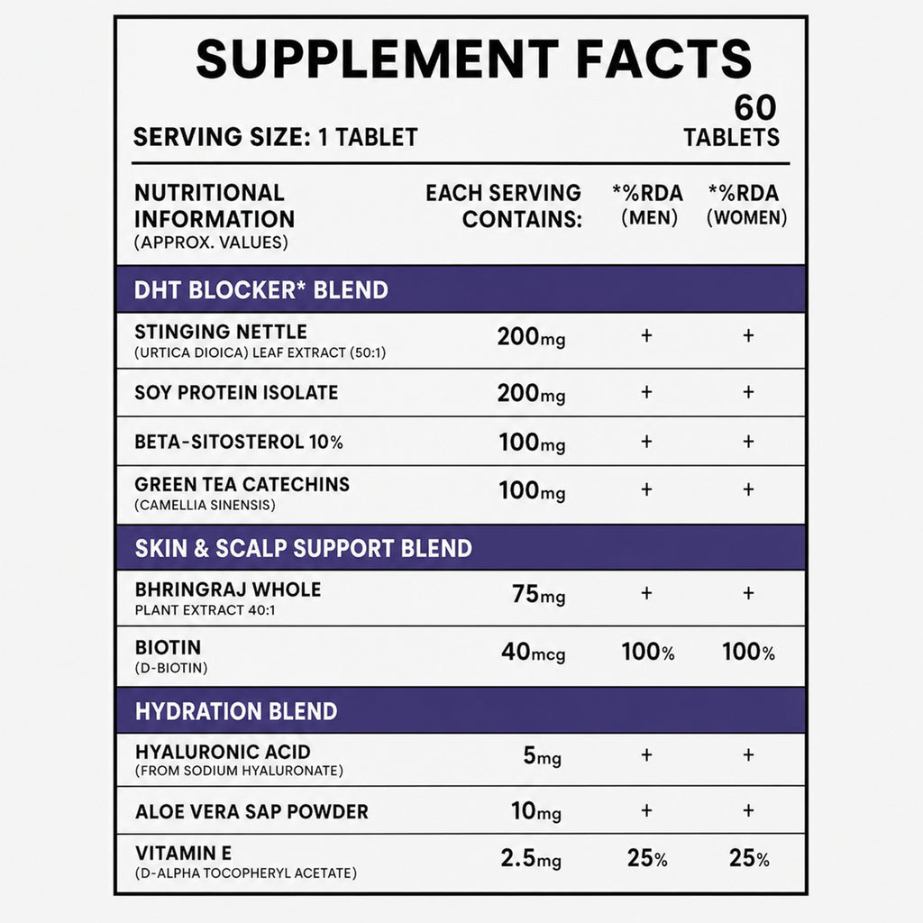 Biotin Hair Growth Tablets with DHT Blocker for Men & Women | Hair, Skin & Nails Supplement | Stinging Nettle, Beta Sitosterol, Bhringraj, Hyaluronic Acid & Vitamin E | 60 Tablets