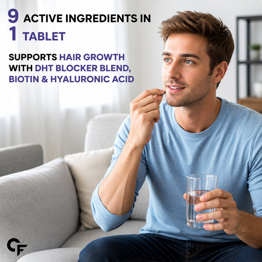 Biotin Hair Growth Tablets with DHT Blocker for Men & Women | Hair, Skin & Nails Supplement | Stinging Nettle, Beta Sitosterol, Bhringraj, Hyaluronic Acid & Vitamin E | 60 Tablets