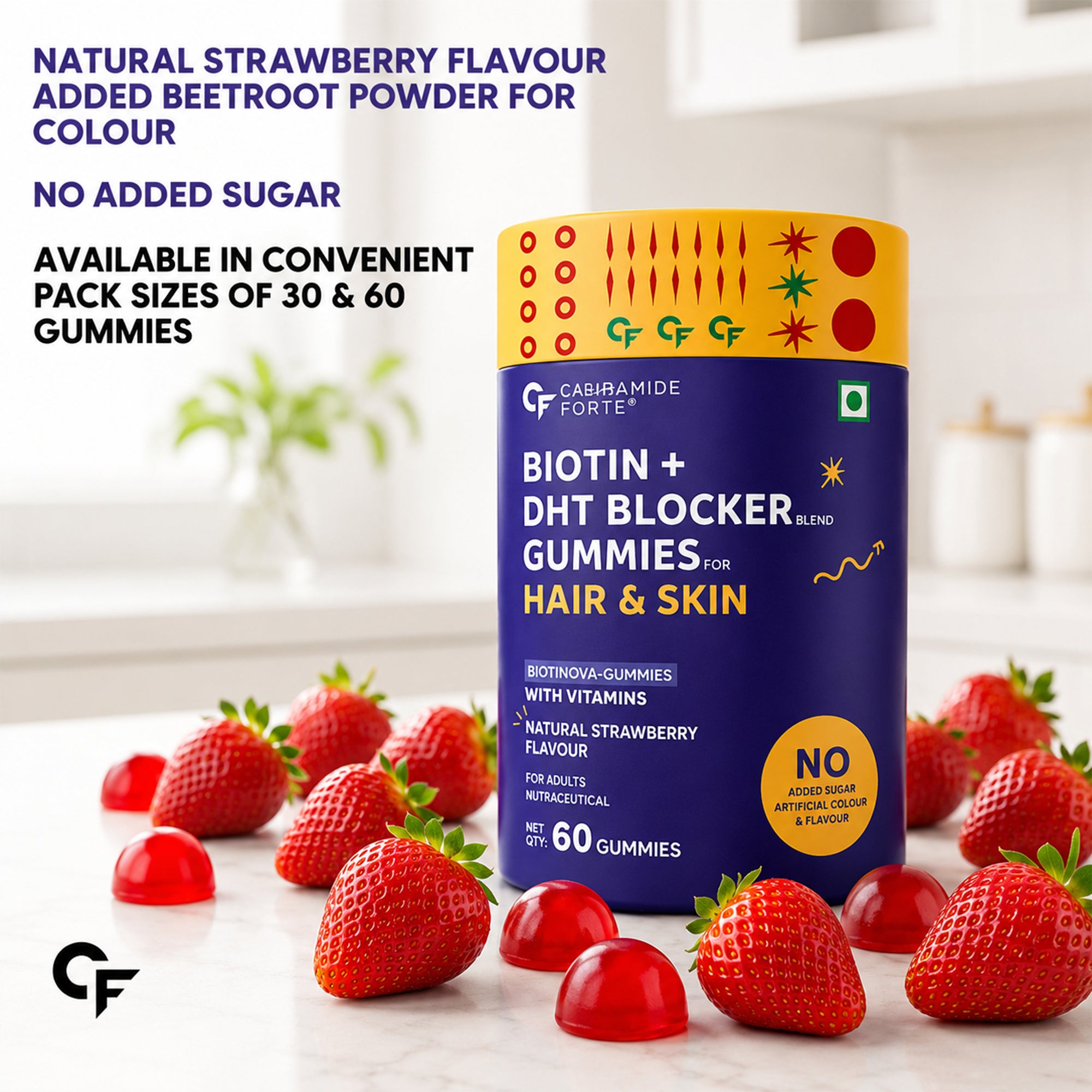 Natural Biotin Hair Gummies 60 Gummies | 40mcg Biotin with DHT Support | Beta Sitosterol, Grape Seed & Green Tea | Hair Growth, Strong Hair, Skin & Nails | No Added Sugar