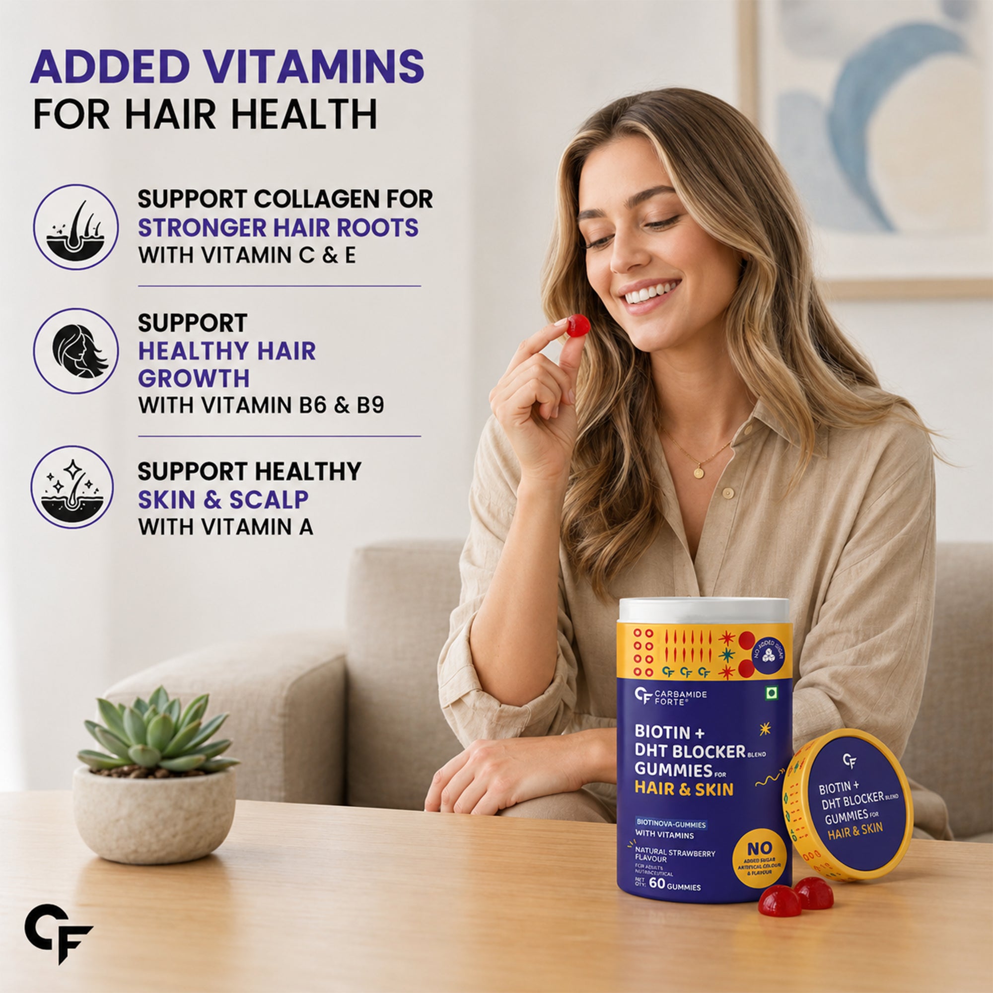 Natural Biotin Hair Gummies 60 Gummies | 40mcg Biotin with DHT Support | Beta Sitosterol, Grape Seed & Green Tea | Hair Growth, Strong Hair, Skin & Nails | No Added Sugar
