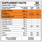 Japanese L-Glutathione 600mg Effervescent Tablets | Skin Brightening Supplement with Vitamin C, Hyaluronic Acid, Biotin, Lycopene & Astaxanthin | Antioxidant Formula | Orange Flavour | 60 Tablets
