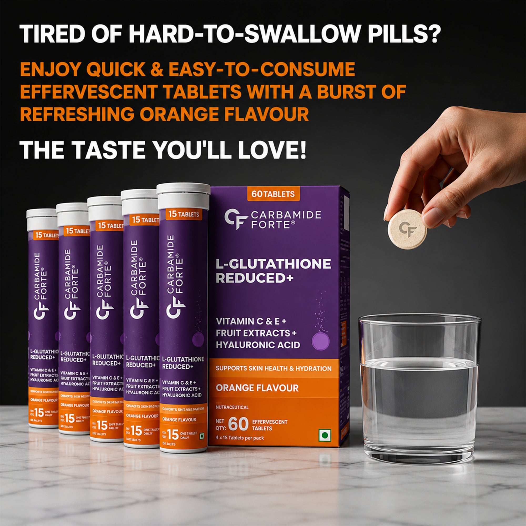 Japanese L-Glutathione 600mg Effervescent Tablets | Skin Brightening Supplement with Vitamin C, Hyaluronic Acid, Biotin, Lycopene & Astaxanthin | Antioxidant Formula | Orange Flavour | 60 Tablets