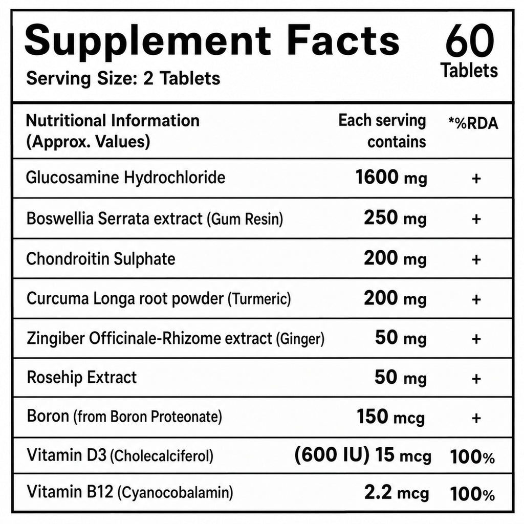 Glucosamine 1600mg Joint Support Supplement | Glucosamine Chondroitin with Boswellia, Turmeric, Ginger, Rosehip, Vitamin D3 & B12 | Supports Joint, Cartilage & Mobility | 60 Tablets