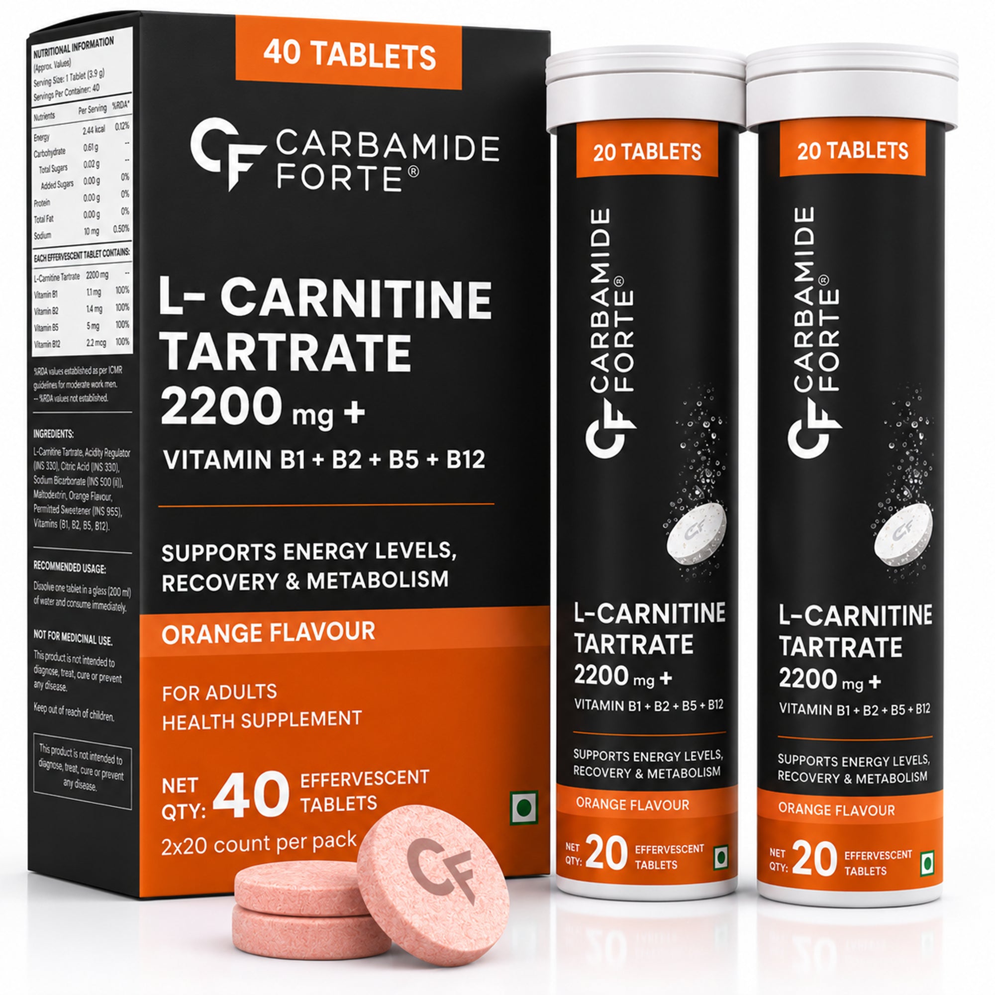 L-Carnitine Tartrate 2200mg Effervescent Tablets with Vitamin B Complex | Workout, Energy & Recovery Support | Orange Flavour | 40 Tablets