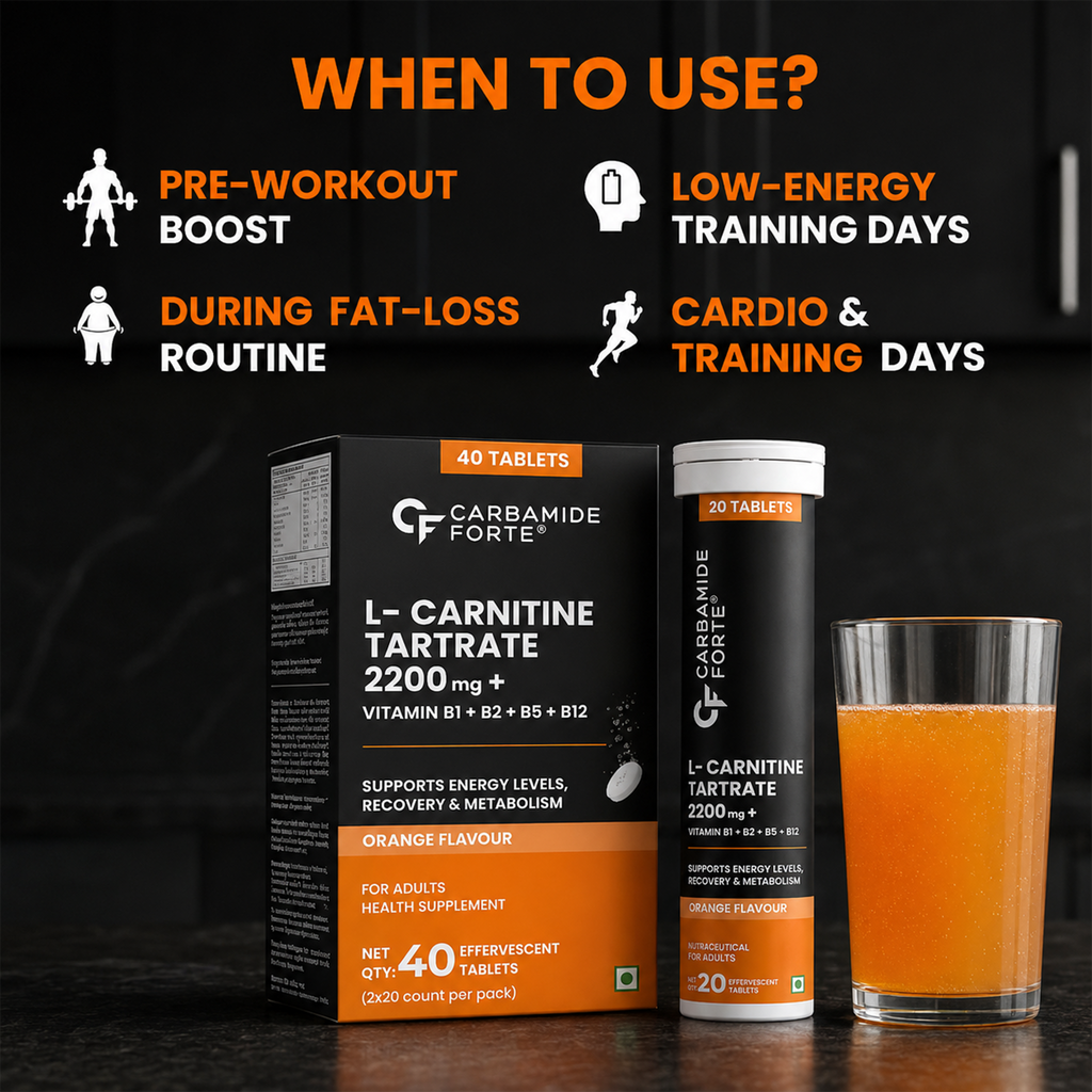 L-Carnitine Tartrate 2200mg Effervescent Tablets with Vitamin B Complex | Workout, Energy & Recovery Support | Orange Flavour | 40 Tablets