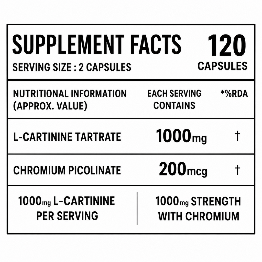 L-Carnitine L-Tartrate 1000mg Capsules with Chromium Picolinate | 120 Veg Capsules | Pre & Post Workout Supplement for Energy, Fat Metabolism & Exercise Performance | Men & Women