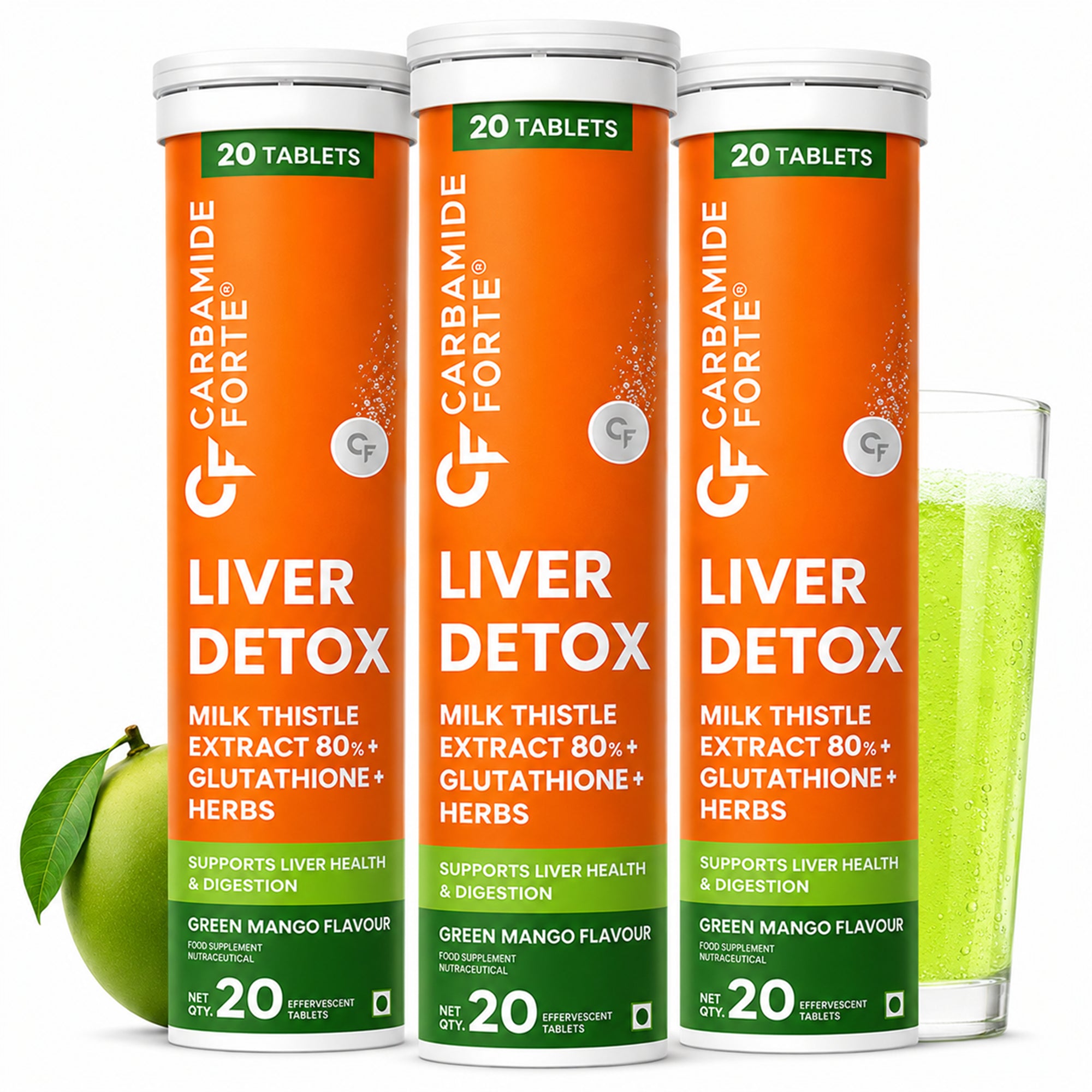Liver Detox Effervescent Tablets with Milk Thistle, Glutathione & Vitamin C | Herbal Liver Support Supplement with Ginkgo Biloba, Korean Ginseng & Dandelion | Green Mango | 60 Tablets