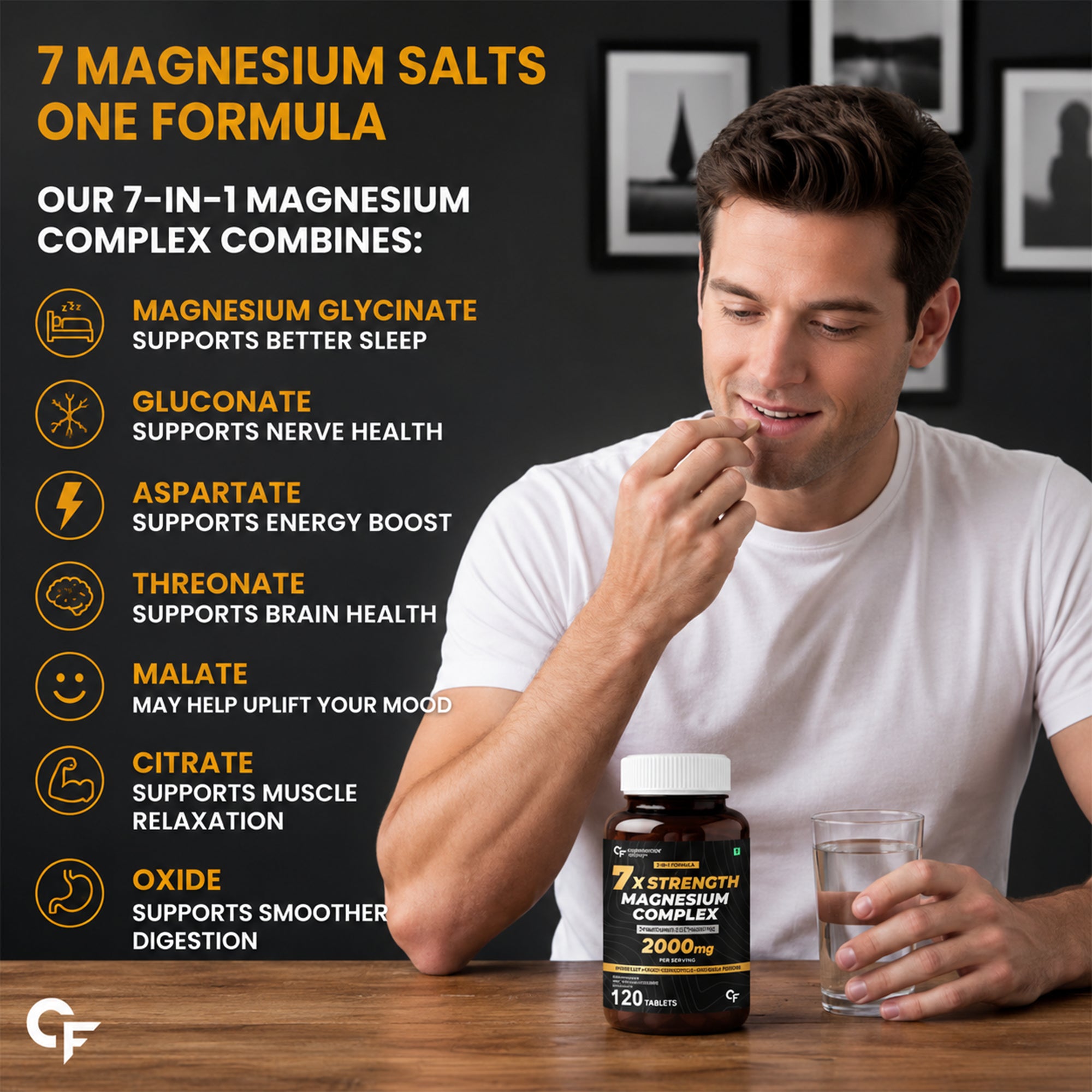 Magnesium Complex 2000mg with 7 Forms & 370mg Elemental Magnesium | Glycinate, Threonate, Citrate | Muscle Recovery, Energy & Focus | 120 Tablets