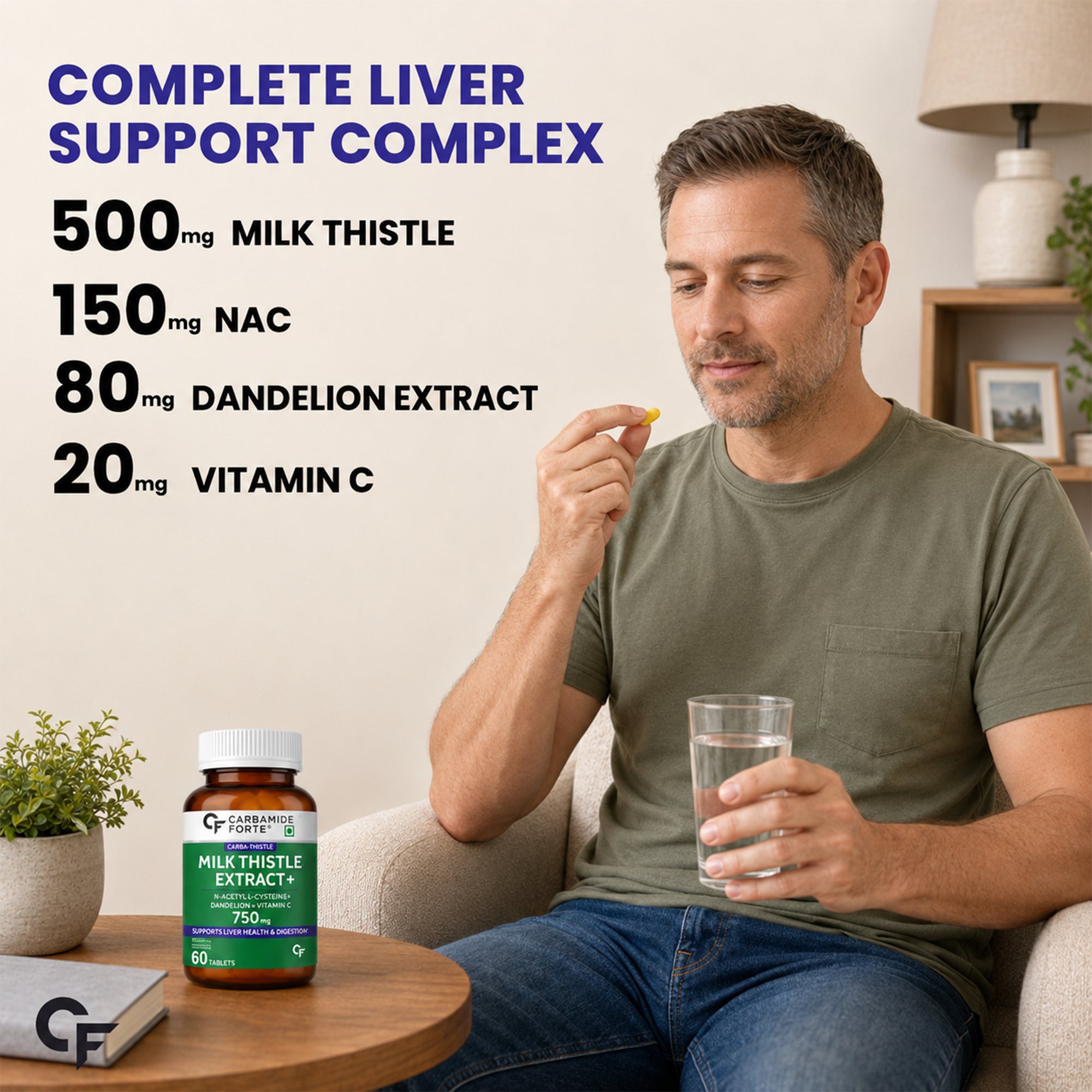 Milk Thistle 500mg with NAC, Dandelion & Vitamin C | Liver Support Supplement | 80% Flavonoids | Antioxidant & Digestive Health | 60 Tablets