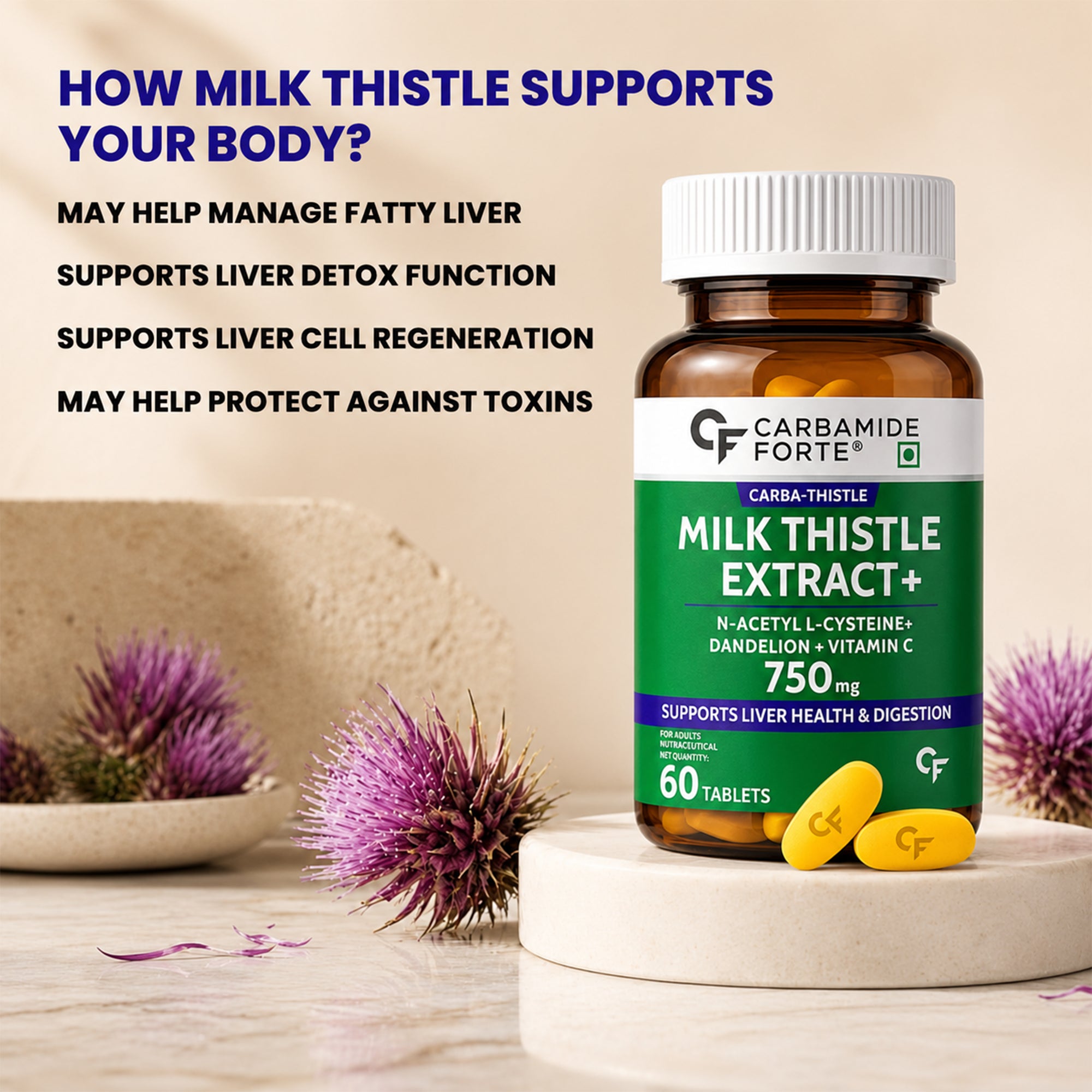 Milk Thistle 500mg with NAC, Dandelion & Vitamin C | Liver Support Supplement | 80% Flavonoids | Antioxidant & Digestive Health | 60 Tablets