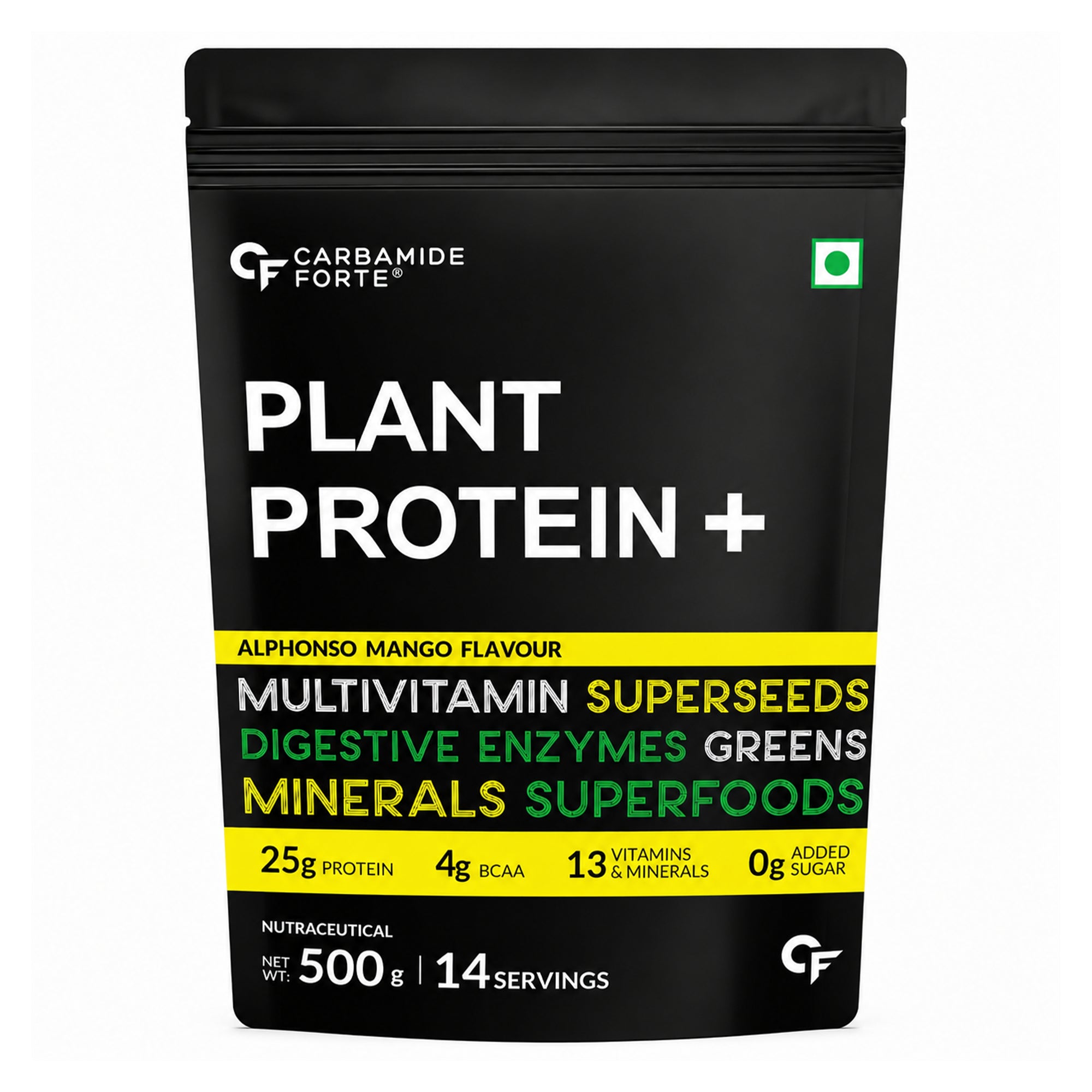 Vegan Plant Protein Powder 500g - 25g Plant Protein, 4g BCAA, 13 Vitamins & Minerals, Digestive Enzymes, Zero Added Sugar | Alphonso Mango
