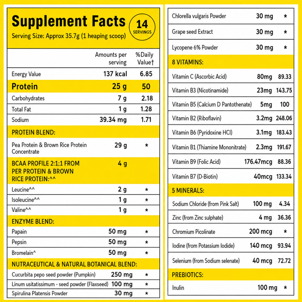 Vegan Plant Protein Powder 500g - 25g Plant Protein, 4g BCAA, 13 Vitamins & Minerals, Digestive Enzymes, Zero Added Sugar | Alphonso Mango