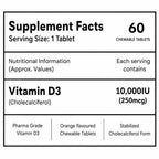 Vitamin D3 10,000 IU (250 mcg) Chewable Tablets | High Strength Cholecalciferol | Orange Flavour | Bone & Immune Support | 60 Tablets
